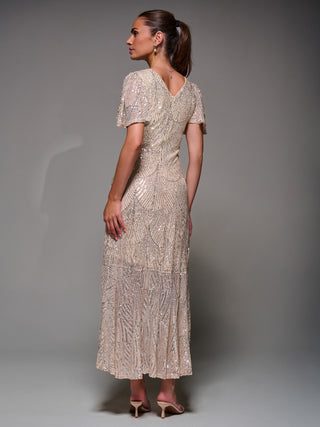 Sequin Angel Sleeve Ruffle Hem Maxi Dress, Beige Silver