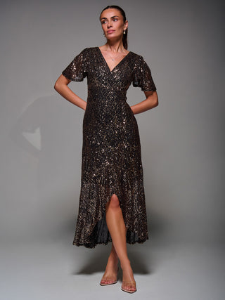 Sequin Angel Sleeve Ruffle Hem Maxi Dress, Black Gold
