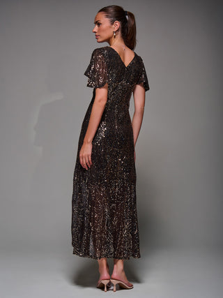 Sequin Angel Sleeve Ruffle Hem Maxi Dress, Black Gold