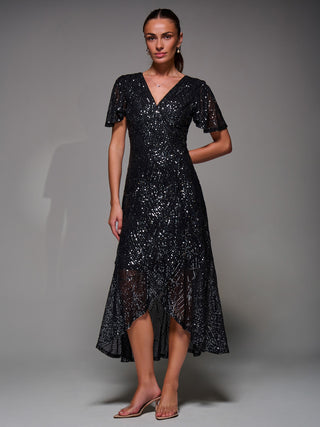 Sequin Angel Sleeve Ruffle Hem Maxi Dress, Black Nickel