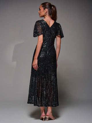 Sequin Angel Sleeve Ruffle Hem Maxi Dress, Black Nickel