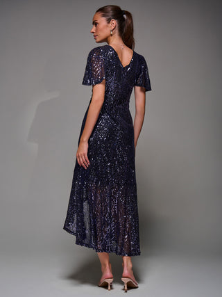 Sequin Angel Sleeve Ruffle Hem Maxi Dress, Black Purple
