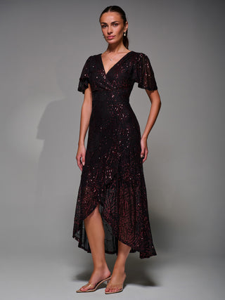 Sequin Angel Sleeve Ruffle Hem Maxi Dress, Black Red