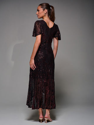 Sequin Angel Sleeve Ruffle Hem Maxi Dress, Black Red