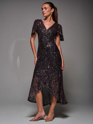 Sequin Angel Sleeve Ruffle Hem Maxi Dress, Black Rose Gold
