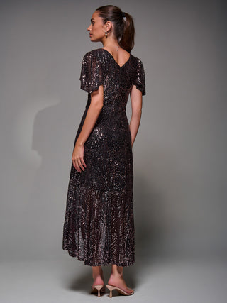 Sequin Angel Sleeve Ruffle Hem Maxi Dress, Black Rose Gold