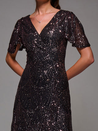 Sequin Angel Sleeve Ruffle Hem Maxi Dress, Black Rose Gold