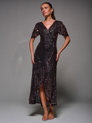 Sequin Angel Sleeve Ruffle Hem Maxi Dress, Black Rose Gold
