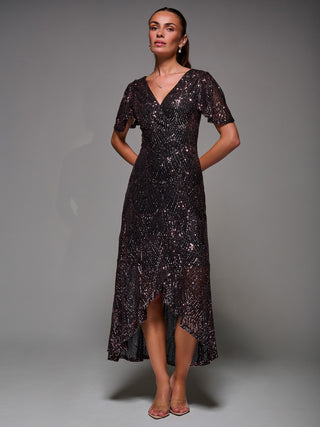 Sequin Angel Sleeve Ruffle Hem Maxi Dress, Black Rose Gold