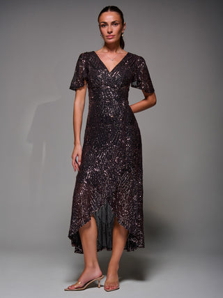 Sequin Angel Sleeve Ruffle Hem Maxi Dress, Black Rose Gold