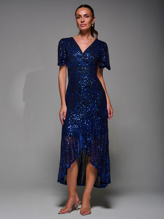Sequin Angel Sleeve Ruffle Hem Maxi Dress, Black Royal Blue