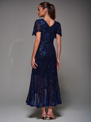 Sequin Angel Sleeve Ruffle Hem Maxi Dress, Black Royal Blue