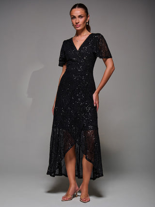 Sequin Angel Sleeve Ruffle Hem Maxi Dress, Black