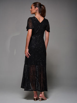 Sequin Angel Sleeve Ruffle Hem Maxi Dress, Black