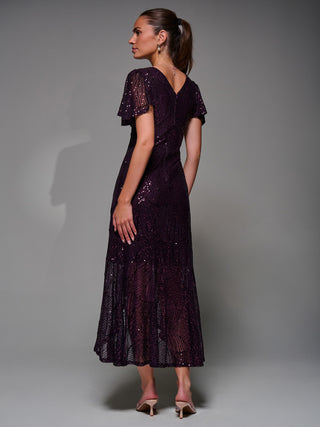 Sequin Angel Sleeve Ruffle Hem Maxi Dress, Dark Burgundy