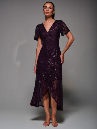 Sequin Angel Sleeve Ruffle Hem Maxi Dress, Dark Burgundy