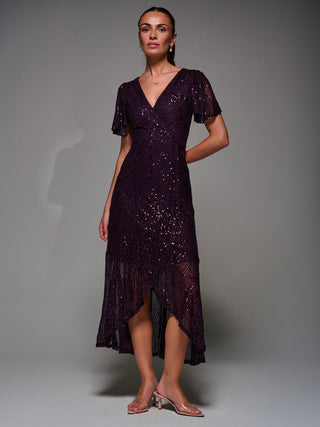 Sequin Angel Sleeve Ruffle Hem Maxi Dress, Dark Burgundy