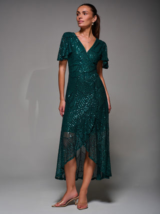 Sequin Angel Sleeve Ruffle Hem Maxi Dress, Dark Green