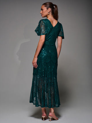 Sequin Angel Sleeve Ruffle Hem Maxi Dress, Dark Green