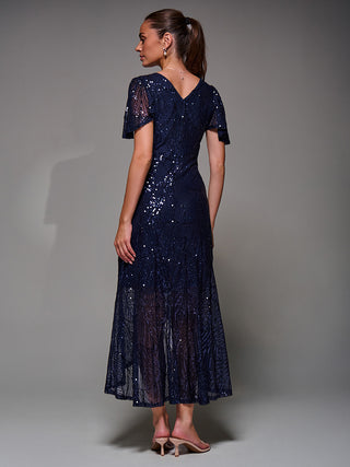 Sequin Angel Sleeve Ruffle Hem Maxi Dress, Navy