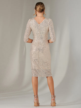 3/4 Sleeve Side Ruched Shift Dress, Beige Silver