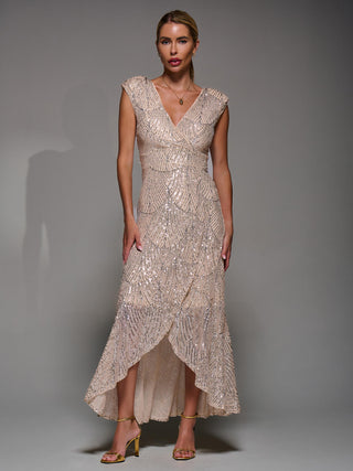 Sequin Asymmetric Ruffle Hem Maxi Dress, Beige Silver