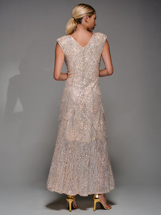 Sequin Asymmetric Ruffle Hem Maxi Dress, Beige Silver
