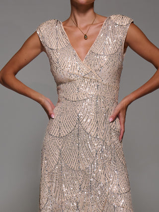 Sequin Asymmetric Ruffle Hem Maxi Dress, Beige Silver