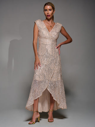 Sequin Asymmetric Ruffle Hem Maxi Dress, Beige Silver