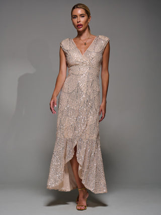 Sequin Asymmetric Ruffle Hem Maxi Dress, Beige Silver