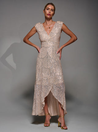 Sequin Asymmetric Ruffle Hem Maxi Dress, Beige Silver