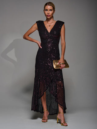 Sequin Asymmetric Ruffle Hem Maxi Dress, Black Burgundy