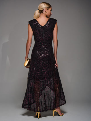 Sequin Asymmetric Ruffle Hem Maxi Dress, Black Burgundy
