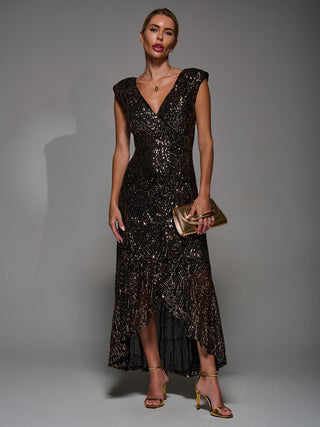 Sequin Asymmetric Ruffle Hem Maxi Dress, Black Gold