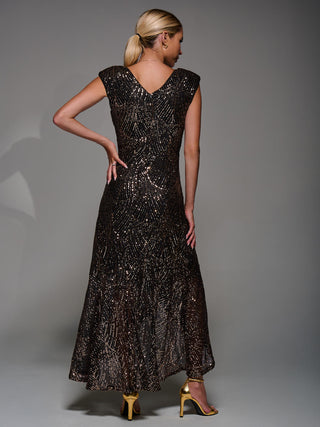 Sequin Asymmetric Ruffle Hem Maxi Dress, Black Gold