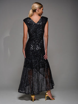 Sequin Asymmetric Ruffle Hem Maxi Dress, Black Nickel