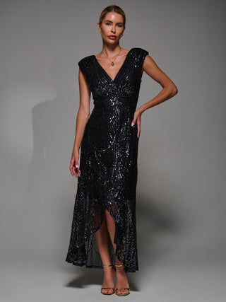 Sequin Asymmetric Ruffle Hem Maxi Dress, Black Nickel