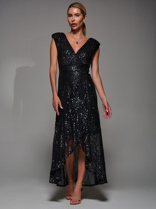 Sequin Asymmetric Ruffle Hem Maxi Dress, Black Nickel