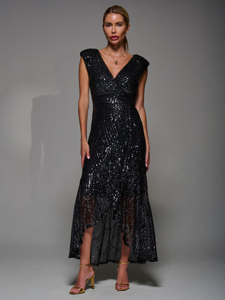 Sequin Asymmetric Ruffle Hem Maxi Dress, Black Nickel