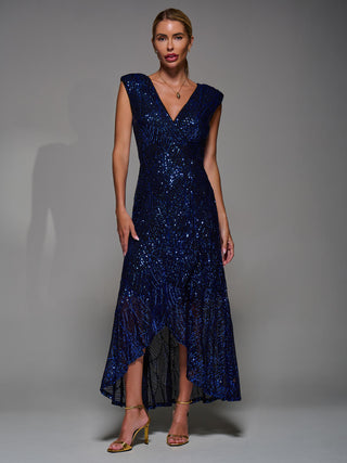 Sequin Asymmetric Ruffle Hem Maxi Dress, Black Royal Blue