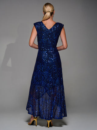 Sequin Asymmetric Ruffle Hem Maxi Dress, Black Royal Blue