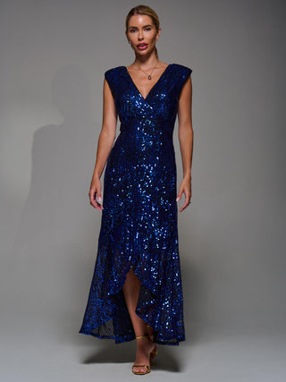 Sequin Asymmetric Ruffle Hem Maxi Dress, Black Royal Blue