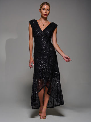 Sequin Asymmetric Ruffle Hem Maxi Dress, Black