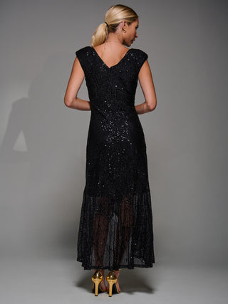 Sequin Asymmetric Ruffle Hem Maxi Dress, Black