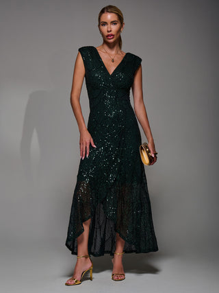 Sequin Asymmetric Ruffle Hem Maxi Dress, Dark Green