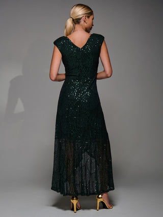 Sequin Asymmetric Ruffle Hem Maxi Dress, Dark Green