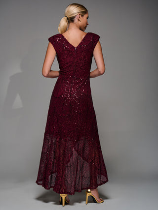 Sequin Asymmetric Ruffle Hem Maxi Dress, Dark Red