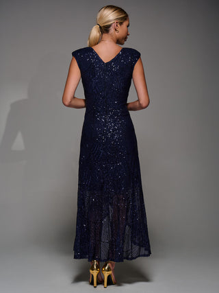 Sequin Asymmetric Ruffle Hem Maxi Dress, Navy