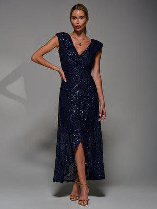 Sequin Asymmetric Ruffle Hem Maxi Dress, Navy