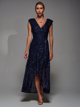 Sequin Asymmetric Ruffle Hem Maxi Dress, Navy